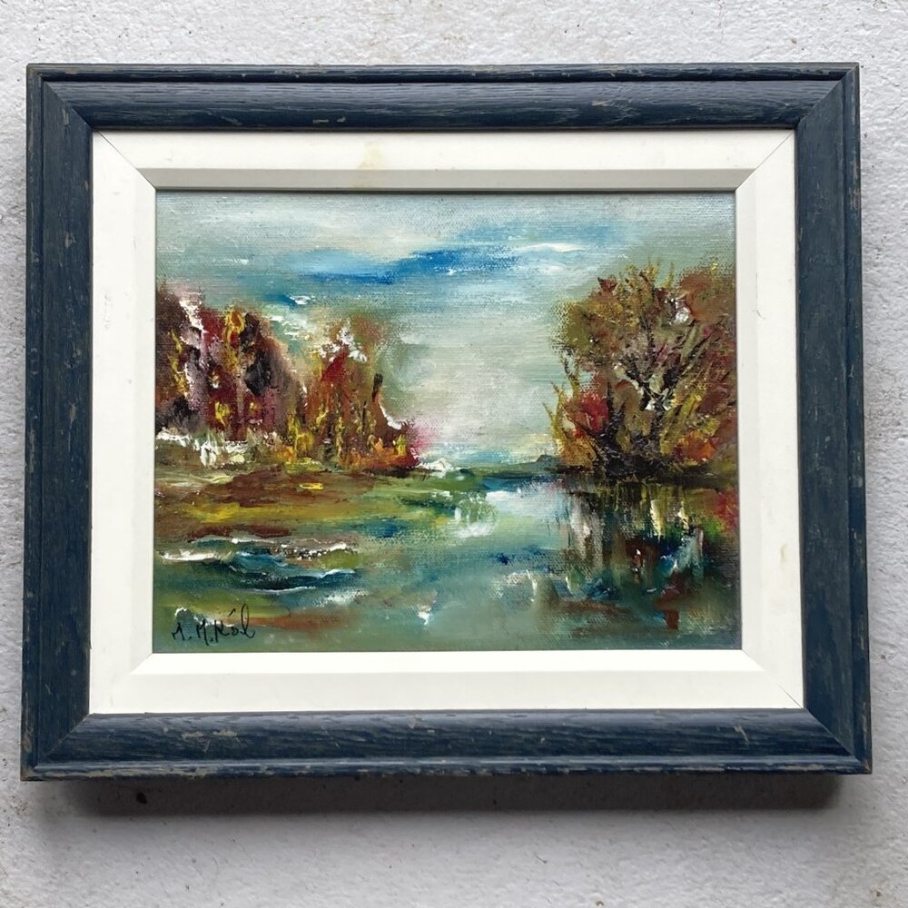 Vintage Abstract Expressionist Oil Landscape Painting Moody 8x10” Image Signed